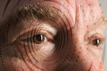 Hypnosis and therapy. Swirl over senior man's face, closeup. Collage design - obrazy, fototapety, plakaty