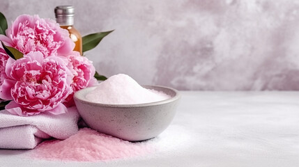 Spa set of spa treatment elements on white wooden,Peonies White towel,pink herbal salt.Generative Ai.