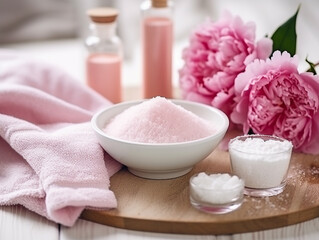 Obraz na płótnie Canvas Spa set of spa treatment elements on white wooden,Peonies White towel,pink herbal salt.Generative Ai.