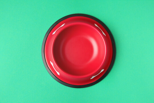 Empty red feeding bowl on green background, top view