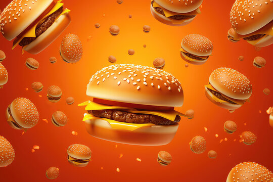 Wallpaper with a bunch of floating burgers on orange background. Lots of tasty burgers, yummy screen saver. Fast food backdrop. Generative AI 3d render illustration cartoon style.