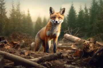 Naklejka na ściany i meble fox in a ruined forest environment