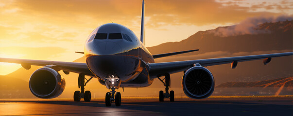 Fototapeta na wymiar airplane in color sunset light, generative ai