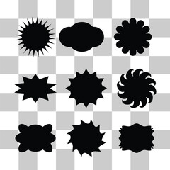 Shapes black silhouette icon set. Outline cartoon abstract blank template for text note badge, price tag, paper memory sticker, think cloud frame, web banner