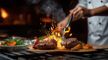 Fototapeta premium Chef standing close up cooking steak in the kitchen .Generative Ai.