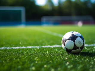 Focus on the soccer ball in the center of the soccer field.Generative Ai.