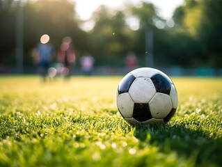 Fototapeta premium Focus on the soccer ball in the center of the soccer field.Generative Ai.