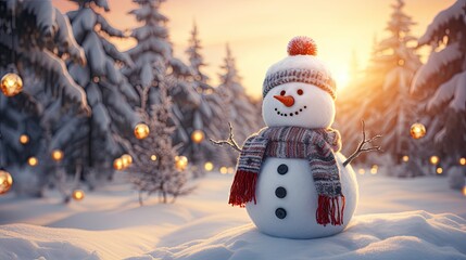 Obraz premium Snowman in a winter Christmas scene with snow, pine trees and warm light