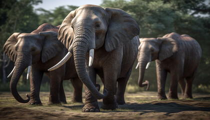 African elephant herd walking through the savannah generated by AI