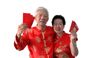 Asian senior couple greeting celebrating chinese new year red envelop giving rich