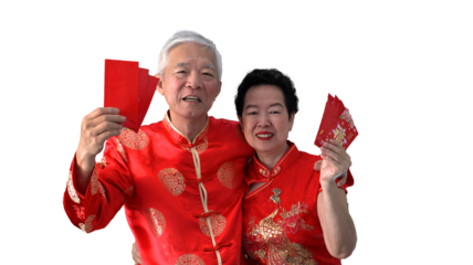 Asian senior couple greeting celebrating chinese new year red envelop giving rich