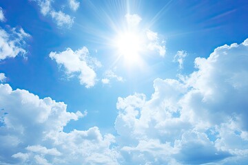 Bright Sun in a Clear Blue Sky with White Clouds. Strangely Beautiful Sunlight in the Background for Weather-Related Imagery: Generative AI