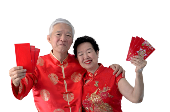 Asian senior couple greeting celebrating chinese new year red envelop giving rich