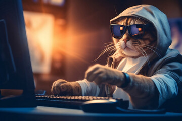 Fototapeta Funny cat in sunglasses working on the laptop in the night. Hacker in hoodie dark theme. AI generated obraz