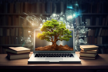 Online education concept. Tree growing from the laptop. Library background. AI generated