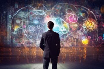 Rear view of successful businessman looking the colorful wall. Future imagination business concept. AI generated