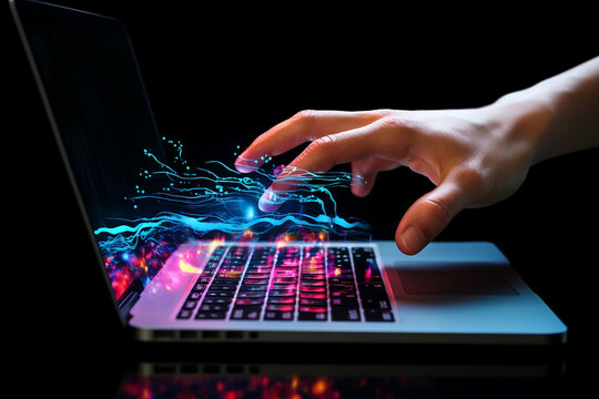 Hand and laptop with neon light on the black background. Hacker concept. AI generated