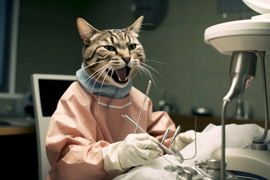 Funny cat dentist  checking teeth during dental procedure at dentist's office. Dentist animal concept. AI generated