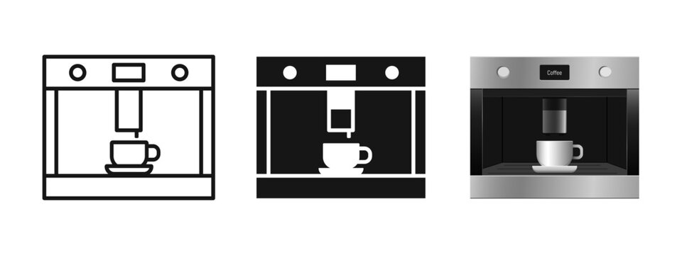 Built-in coffee machine icon. Automatic coffee machine, outline, silhouette and realistic vector illustration