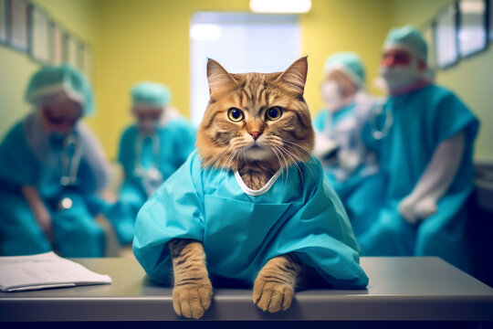 Funny cat is a patient in the veterinary clinic on the blurred medical people background. Treatment and examination of pets concept. AI generated