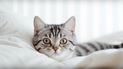Fototapeta na wymiar American Shorthair cat sits on white bed.Generative Ai.