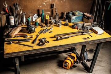 photo welding workplace desk with stuff and equipment