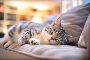 American shorthair cat sleeping on a couch in living room.Generative Ai.
