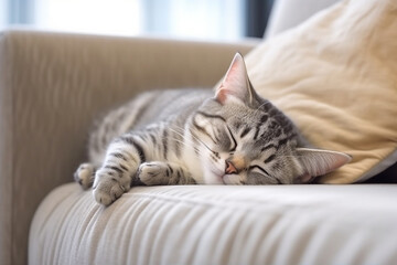 American shorthair cat sleeping on a couch in living room.Generative Ai.