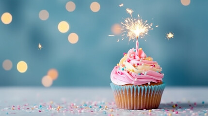 Birthday pink cupcake colorful candles for celebration sparkler.Generative Ai.