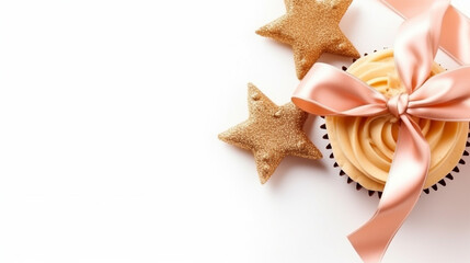Fototapeta na wymiar Beautiful empty greeting card star,ribbon,cupcake on white background.Generative Ai.