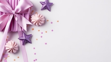 Beautiful empty greeting card star,ribbon,cupcake on white background.Generative Ai.
