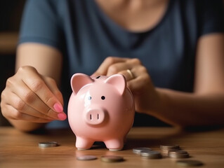 woman putting money into piggy bank,Saving money concept.Generative Ai.