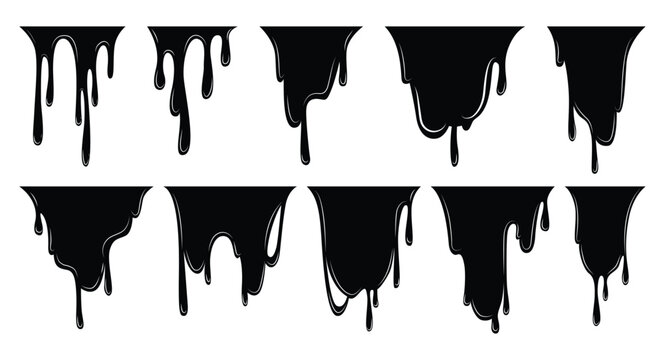 Paint dripping liquid set. Flowing oil stain. Set of black drips. Abstract flow stencil, current ink streak or fluid smudge. Vector illustration on white background