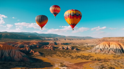 Colorful hot air balloons float over mountain with blue sky.Generative Ai.