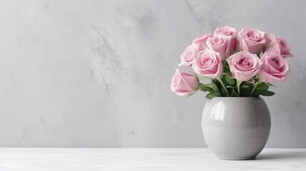 Front view of pink roses in modern vase on white wall background.Generative Ai.