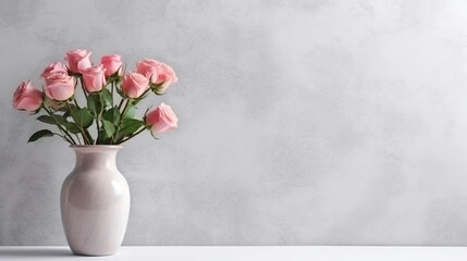 Front view of pink roses in modern vase on white wall background.Generative Ai.