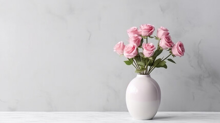 Front view of pink roses in modern vase on white wall background.Generative Ai.