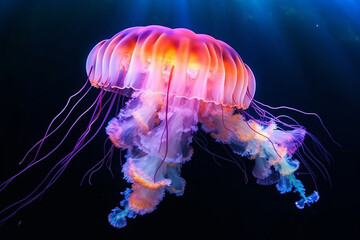 Fototapeta premium Huge jellyfish glows in the depths of the sea.Generative Ai.