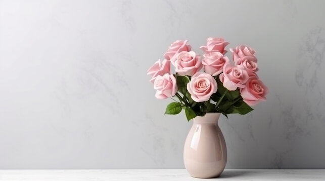 Front view of pink roses in modern vase on white wall background.Generative Ai.