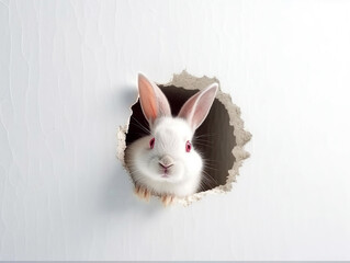 Rabbit peeks out hole in the white wall with colorful easter egg.Generative Ai.