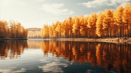 Stunning detail reflection of the golden and orange katsura trees around the natural round lake