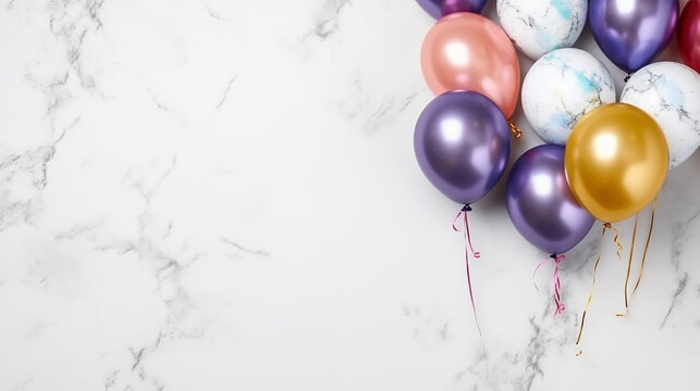 Blank marble of beautiful balloons birthday or party greeting card.Generative Ai.