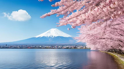 Papier Peint photo Mont Fuji Cherry blossoms with fuji mountain background.Generative Ai.