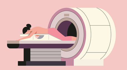 Medical Radiology Concept, Breast Cancer Screening and Diagnosis with Advanced MRI Scan Technology for Accurate Results on Female Patient, Vector Flat Illustration - obrazy, fototapety, plakaty