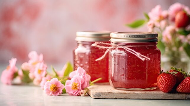 Zwei Einmachgl&auml;ser mit selbstgemachter Bio-Erdbeermarmelade auf Holzuntergrund, mit Erdbeeren und Blumen vor rosa Hintergrund, Shabby Chic Stil, Generative AI