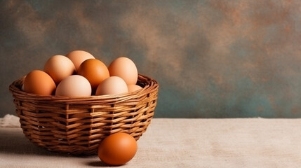 Fresh eggs in wooden basket.Generative Ai.