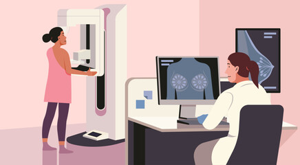 Advanced Mammography in a Medical Clinic, Expert Doctor Ensuring Early Detection of Breast Cancer for Female Patient's Health, Vector flat Illustration - obrazy, fototapety, plakaty