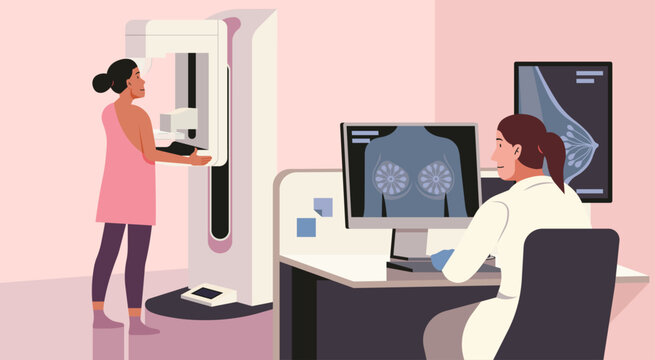 Advanced Mammography in a Medical Clinic, Expert Doctor Ensuring Early Detection of Breast Cancer for Female Patient's Health, Vector flat Illustration