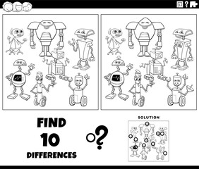 differences game with cartoon robots coloring page