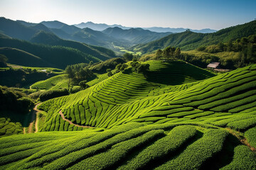 Green Tea field plantation with beautiful wide angle with blue sky.Generative Ai.